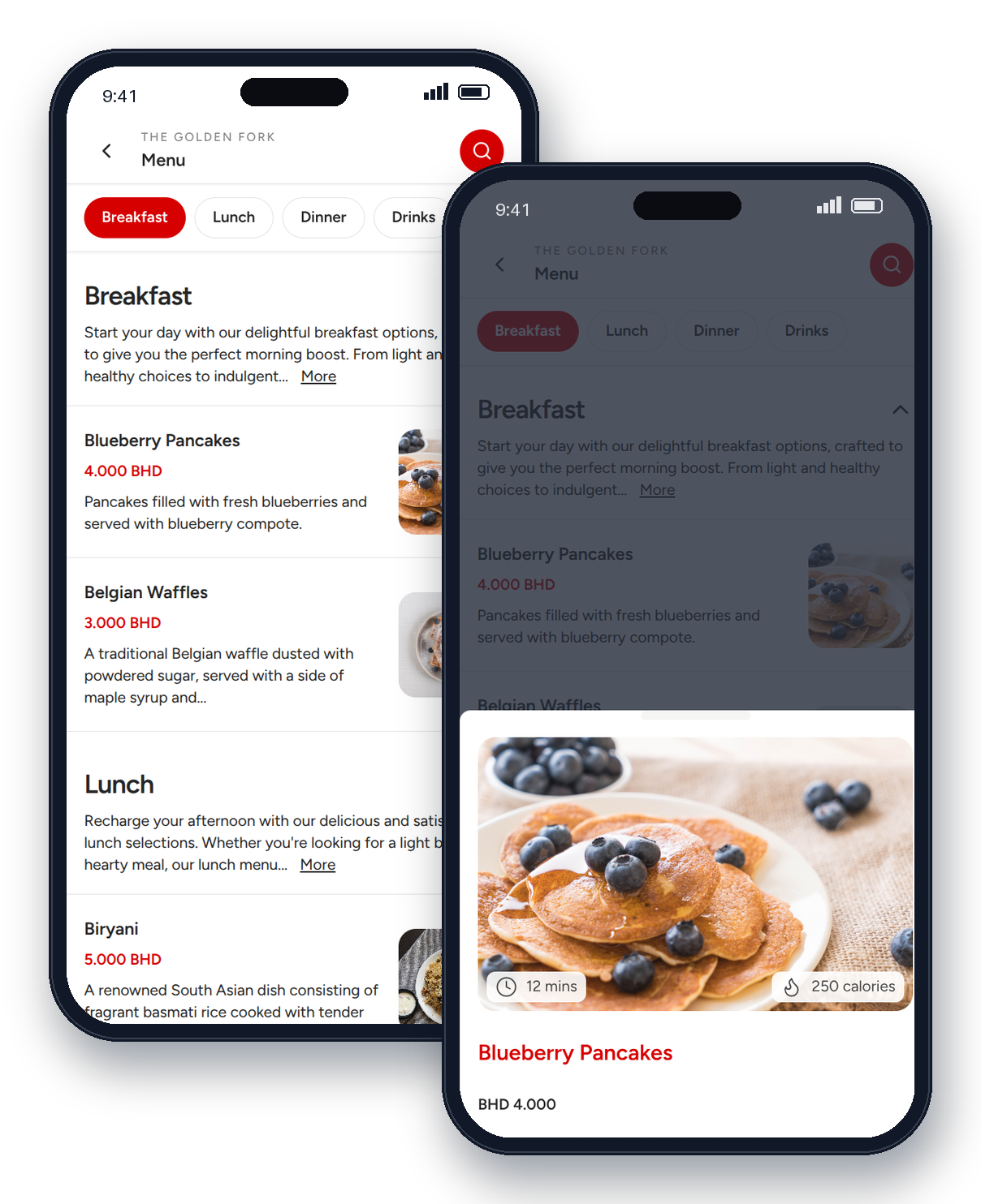 The Golden Fork menu on two phones: the breakfast list and the Blueberry Pancakes detail view