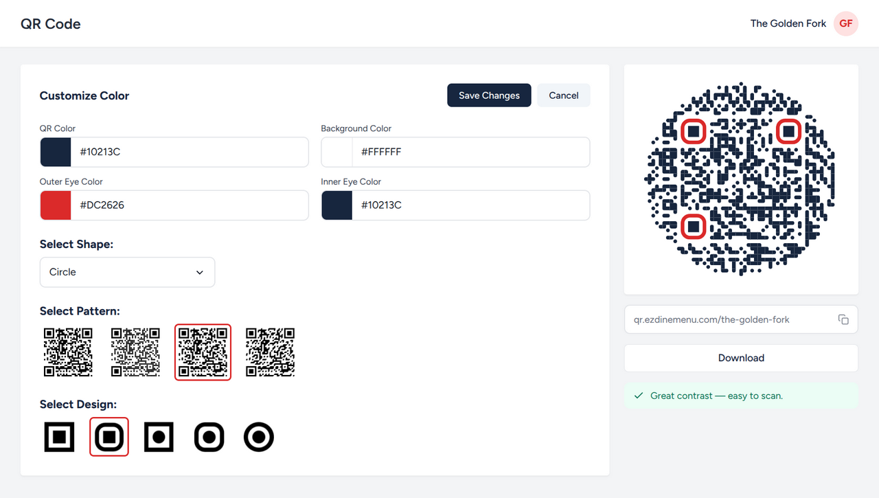EZDine QR code designer with a navy and red circular QR code